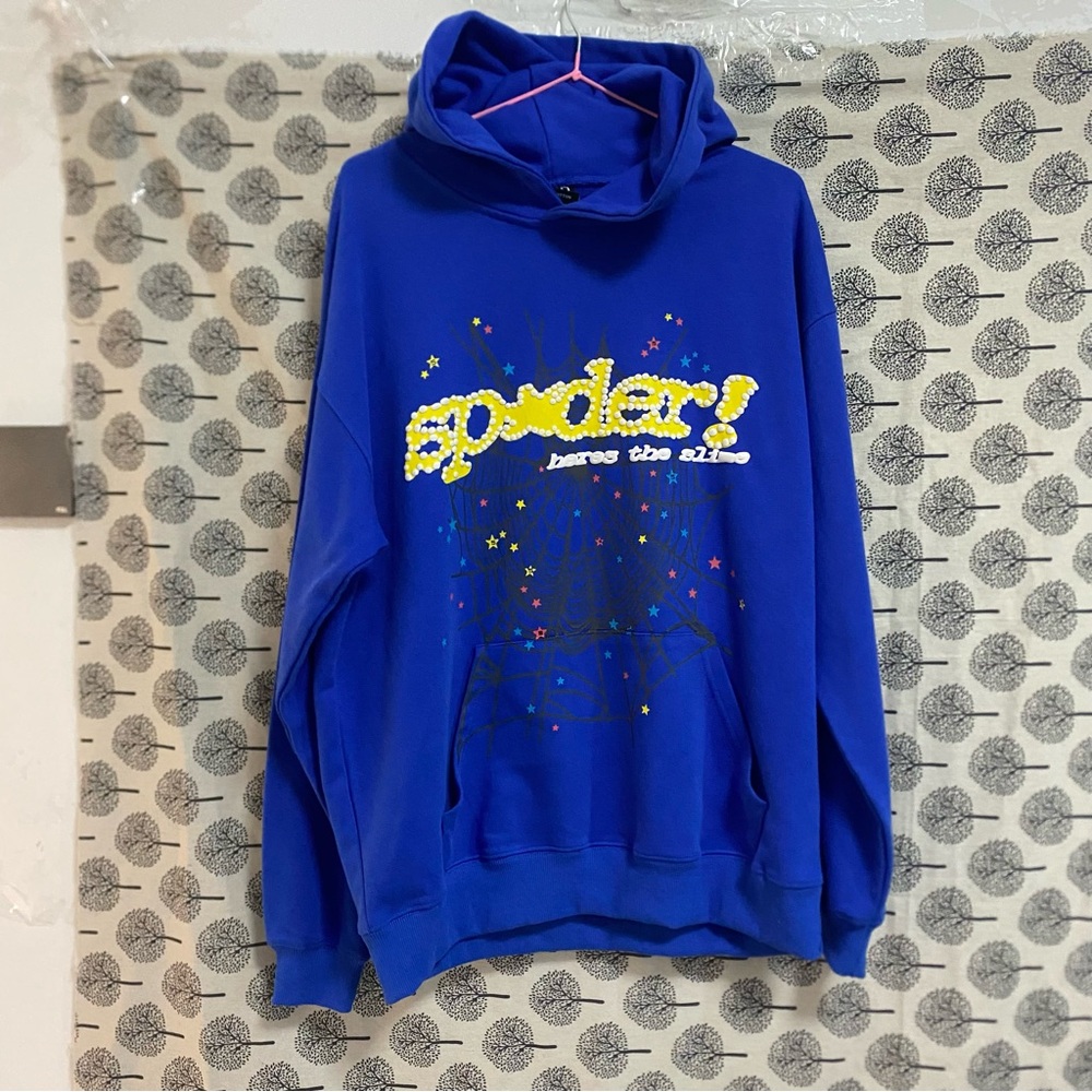 Sp5der Branded Yellow Lettering, Black Spider Web And Blue Hoodie